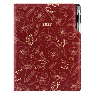 Diář DESIGN týdenní A4 2027 - bordó - Květiny