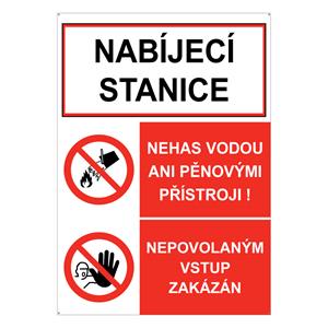 NABÍJECÍ STANICE - NEHAS VODOU ANI PĚNOVÝMI PŘÍSTROJI - NEPOVOLANÝM VSTUP ZAKÁZÁN, plast 2 mm s dírkami A4