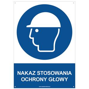 NAKAZ STOSOWANIA OCHRONY GŁOWY - znak BHP z dziurkami, płyta PVC A4, 2 mm