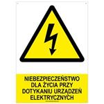 NIEBEZPIECZEŃSTWO DLA ŻYCIA PRZY DOTYKANIU URZĄDZEŃ ELEKTRYCZNYCH - znak BHP z dziurkami, płyta PVC A4, 2 mm