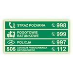 Numery alarmowe - fotoluminescencyjny znak, płyta PVC 2 mm 200x100 mm