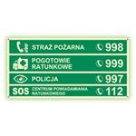 Numery alarmowe - fotoluminescencyjny znak z dziurkami, płyta PVC 2 mm 200x100 mm