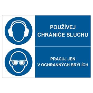 POUŽÍVEJ CHRÁNIČE SLUCHU - PRACUJ JEN V OCHRANNÝCH BRÝLÍCH, KOMBINACE, plast 2 mm s dírkami A5