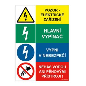 POZOR ELEKTRICKÉ ZAŘÍZENÍ - HLAVNÍ VYPÍNAČ - VYPNI V NEBEZPEČÍ - NEHAS VODOU ANI PĚNOVÝMI PŘÍSTROJI, plast 1 mm 210x297