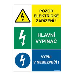 POZOR ELEKTRICKÉ ZAŘÍZENÍ - HLAVNÍ VYPÍNAČ - VYPNI V NEBEZPEČÍ, plast 1 mm, A4