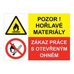 POZOR NA HOŘLAVÉ MATERIÁLY - ZÁKAZ PRÁCE S OTEVŘENÝM OHNĚM, KOMBINACE, plast 2 mm, A4