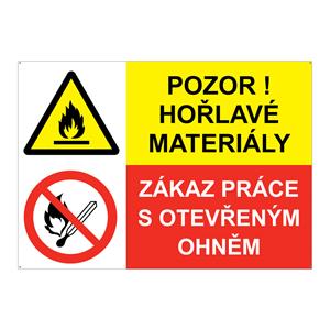 POZOR NA HOŘLAVÉ MATERIÁLY - ZÁKAZ PRÁCE S OTEVŘENÝM OHNĚM, KOMBINACE, plast 2 mm s dírkami A4