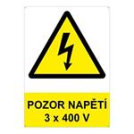 POZOR - napětí 3 x 400 V ! - bezpečnostní tabulka s dírkami, plast 2 mm, A4