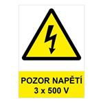 POZOR - napětí 3 x 500 V ! - bezpečnostní tabulka, plast 0,5 mm, A4