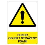 Pozor, objekt strážený psami - bezpečnostná tabuľka s dierkami, plast 2 mm - A4