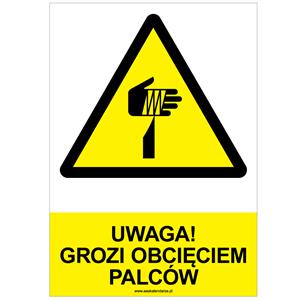 UWAGA! GROZI OBCIĘCIEM PALCÓW - znak BHP, płyta PVC A4, 2 mm