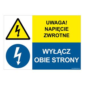 UWAGA NAPIĘCIE ZWROTNE - WYŁĄCZ OBIE STRONY, ZNAK ŁĄCZONY, płyta PVC 1 mm, 210x148 mm