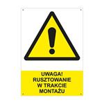 UWAGA! RUSZTOWANIE W TRAKCIE MONTAŻU - znak BHP z dziurkami, płyta PVC A4, 2 mm
