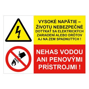 Vysoké napätie-životu nebezpečné-Nehas vodou ani penovými..., samolepka 297x210mm