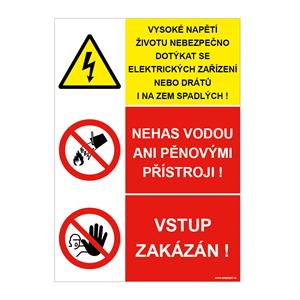 VYSOKÉ NAPĚTÍ (DRÁTY)- NEHAS VODOU - VSTUP ZAKÁZÁN s dírkami, plast 2 mm 295 x 295 mm