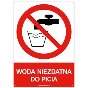 WODA NIEZDATNA DO PICIA - znak BHP z dziurkami, płyta PVC A5, 2 mm