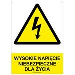 WYSOKIE NAPIĘCIE NIEBEZPIECZNE DLA ŻYCIA - znak BHP z dziurkami, płyta PVC A4, 2 mm