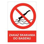 ZAKAZ SKAKANIA DO BASENU - znak BHP z dziurkami, płyta PVC A5, 2 mm